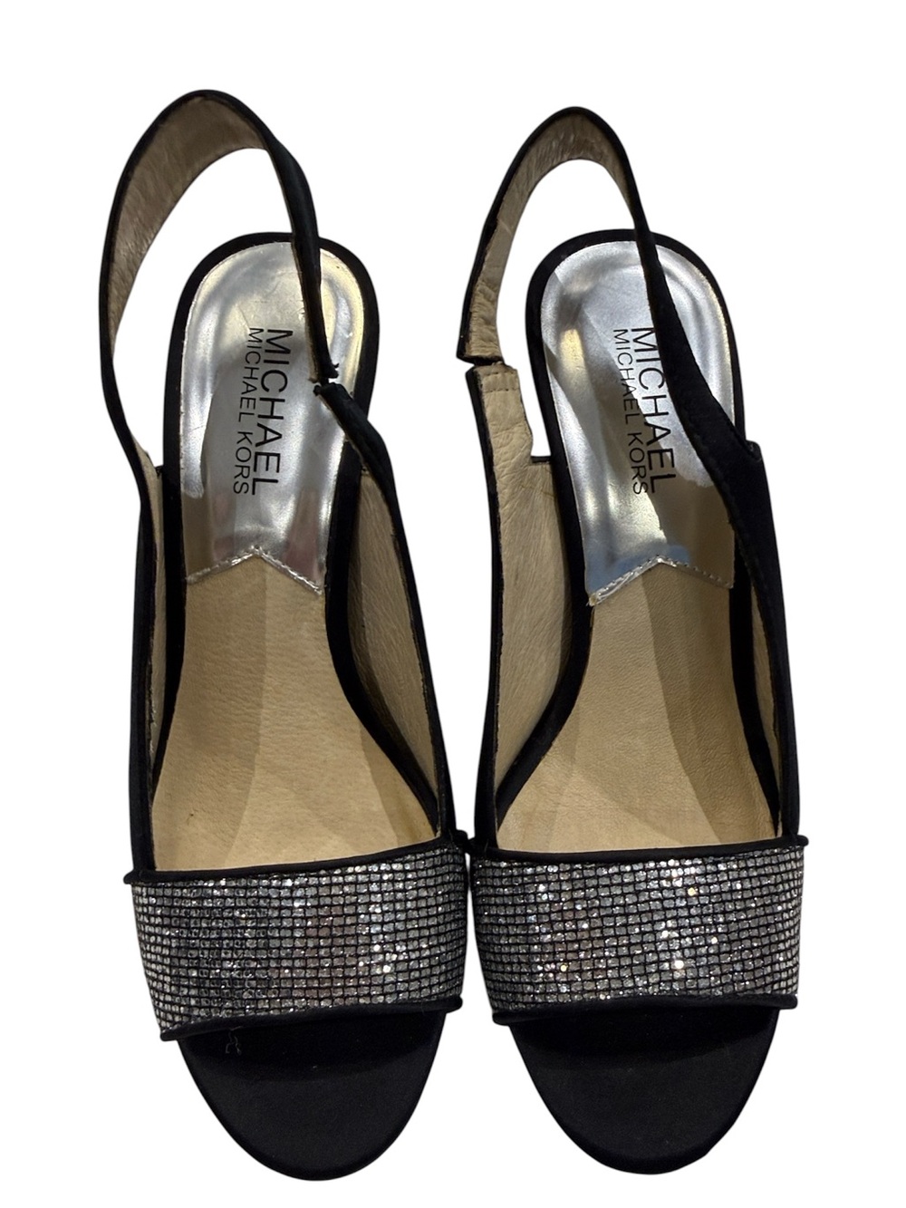 MICHAEL Michael Kors Black Slingback Heels with Silver Rhinestone Band
